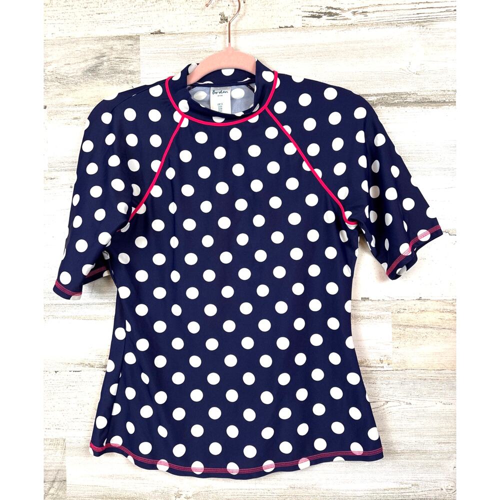 Top Size 8  Boden Girls Navy Polka Dot Rash Guard Swim Top Size 8 Blue White